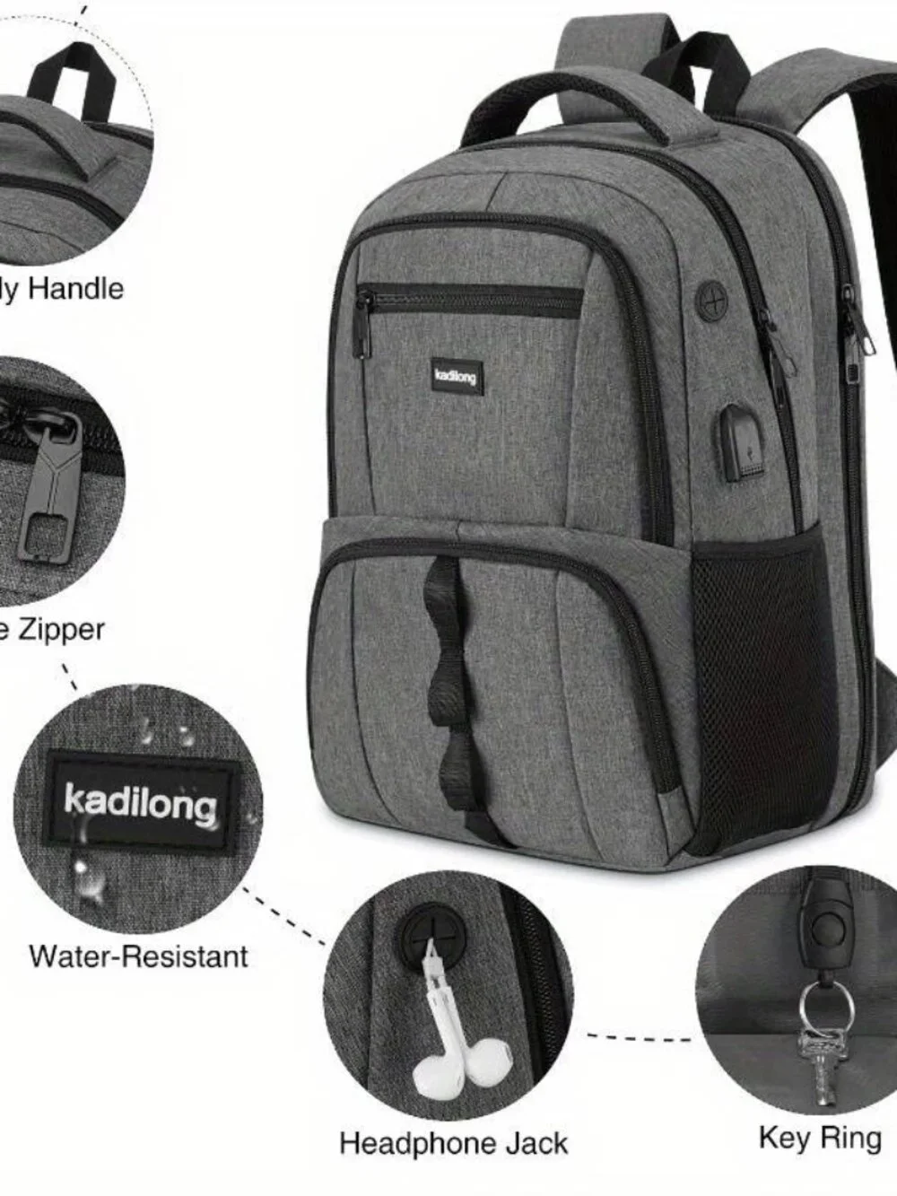 Grey Backpack with Adjustable Shoulder Straps, Zipper Closure, Multiple Pockets